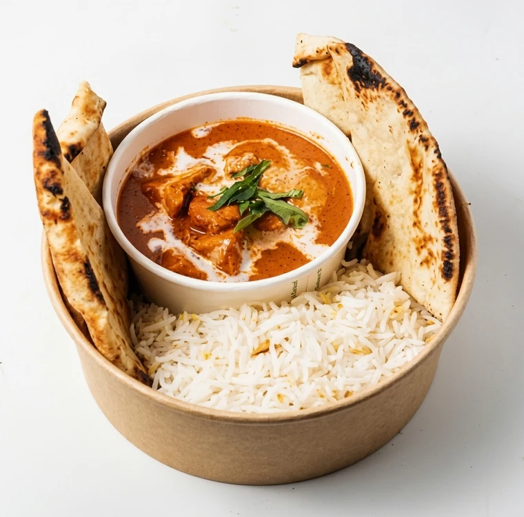 Butter Chicken with rice and naan bread at Papa Nash's in Airdrie, AB